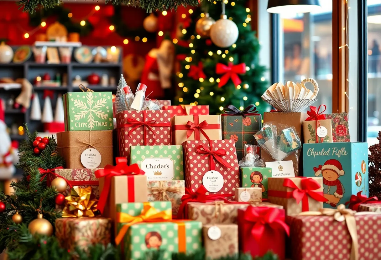Display of holiday gifts from minority-owned businesses in Indianapolis.