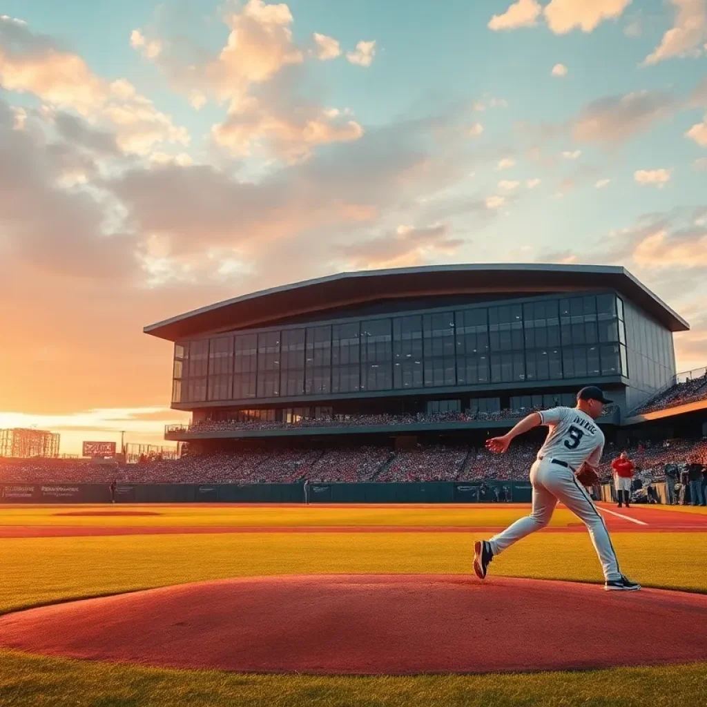 Celebrating baseball players in a modern stadium after a victory