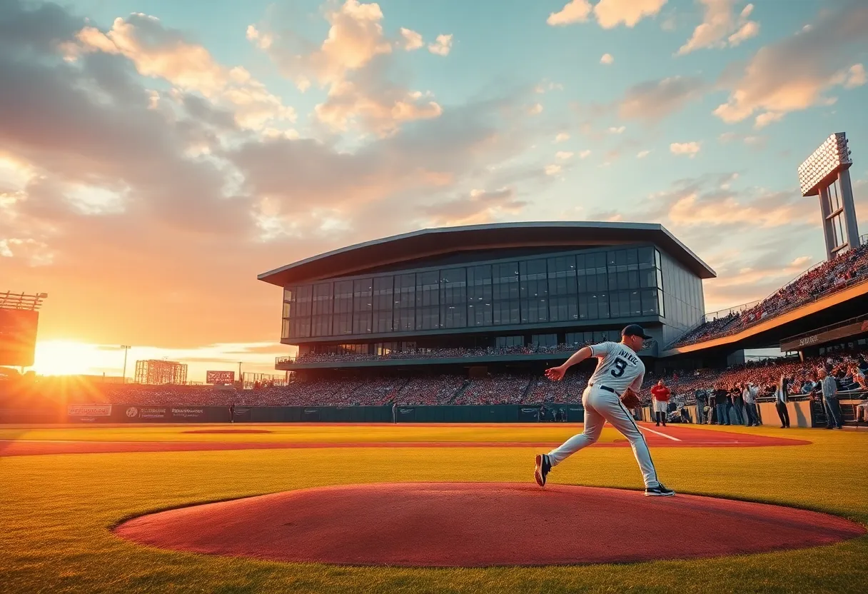 Celebrating baseball players in a modern stadium after a victory
