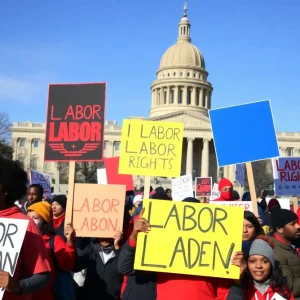 Crowd of protesters advocating for worker rights in Indianapolis