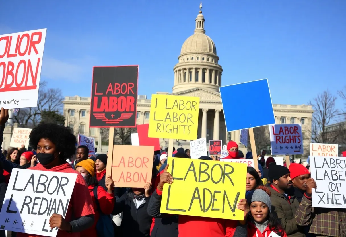 Crowd of protesters advocating for worker rights in Indianapolis