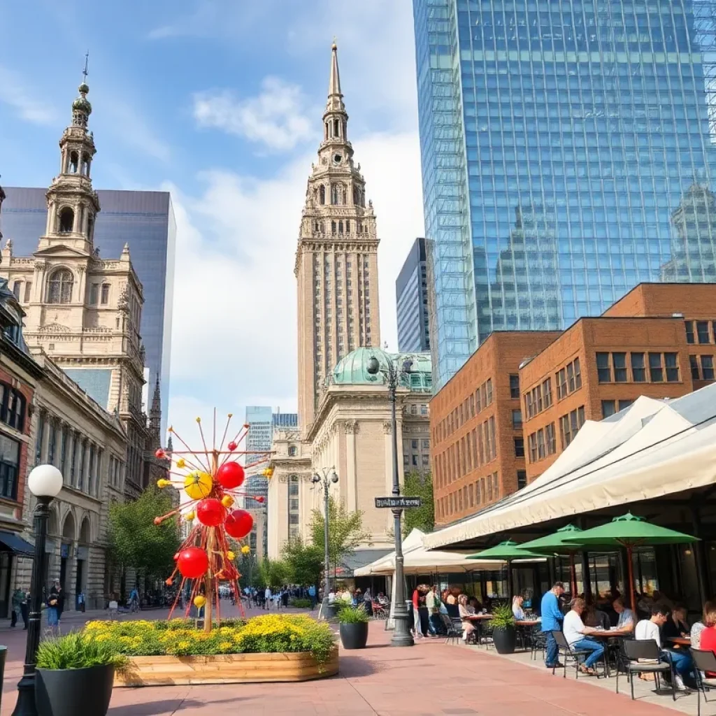 A scenic view of Indianapolis with historic buildings, public art, and bustling outdoor spaces