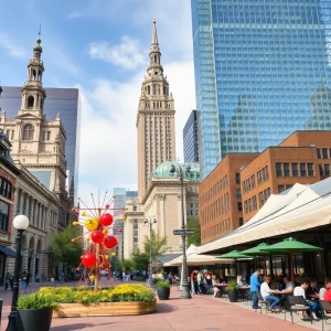 A scenic view of Indianapolis with historic buildings, public art, and bustling outdoor spaces