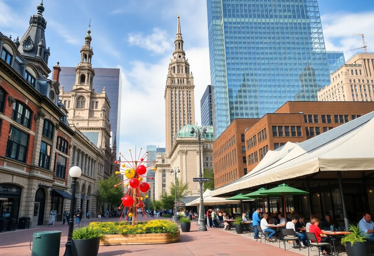 A scenic view of Indianapolis with historic buildings, public art, and bustling outdoor spaces