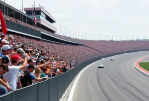 Crowd and racing cars at Indianapolis Motor Speedway