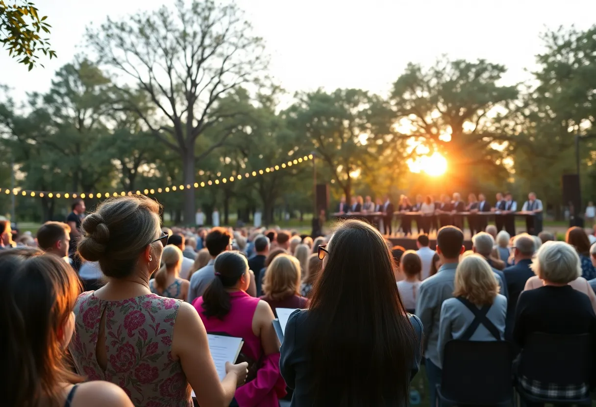 Audience enjoying an outdoor opera performance in a park