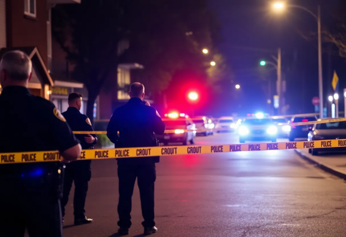 Police investigation of a shooting scene in Indianapolis at night with officers and crime scene tape
