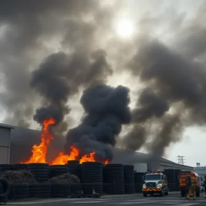 Firefighters working to extinguish a tire fire at an industrial recycling plant in Indianapolis