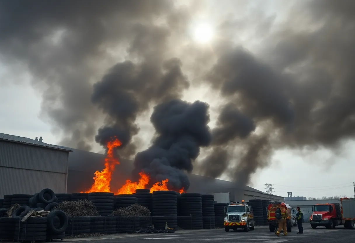 Firefighters working to extinguish a tire fire at an industrial recycling plant in Indianapolis