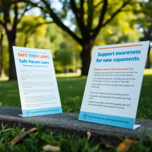 Community members engaging with educational materials about safe haven options in a park setting