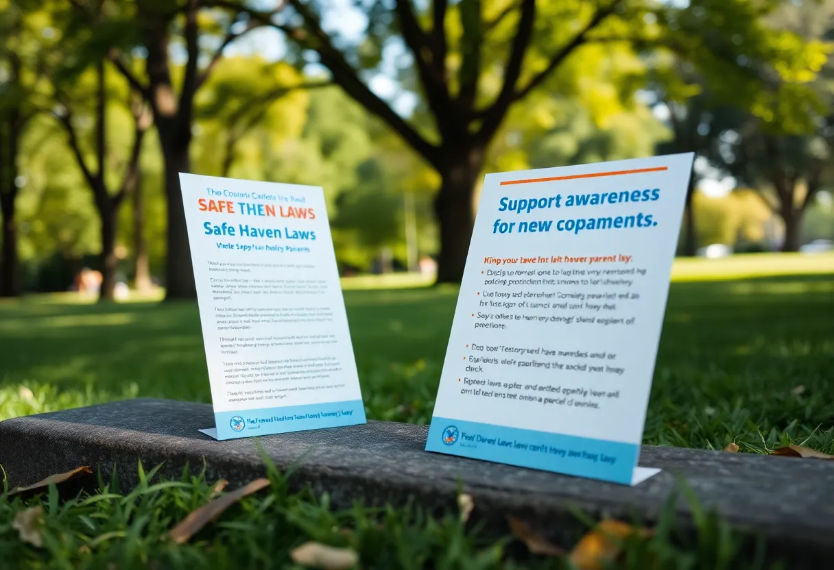 Community members engaging with educational materials about safe haven options in a park setting