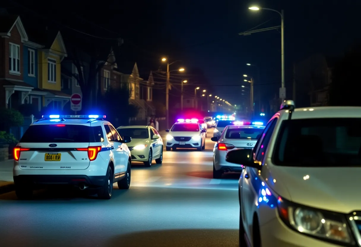 Police lights flashing on a residential street at night in Indianapolis