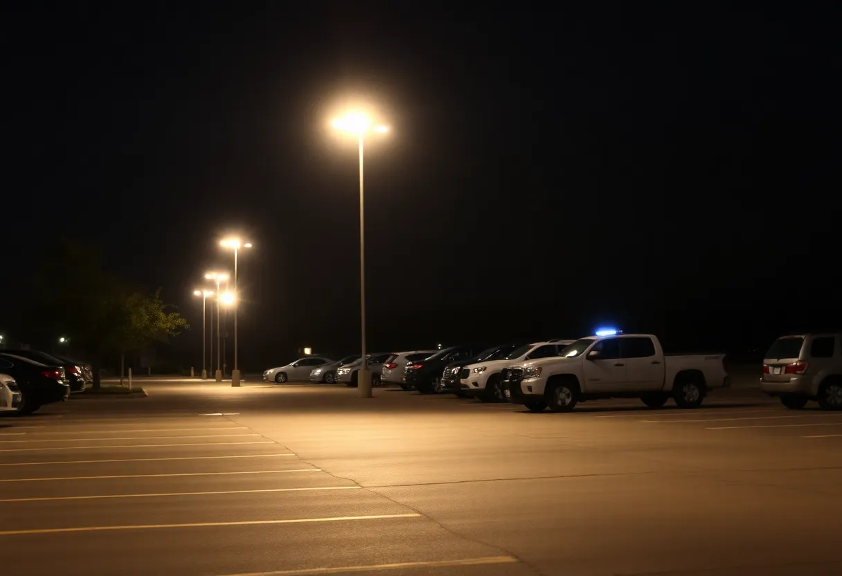Police lights flashing at night in a parking lot, signifying a recent shooting incident in Indianapolis
