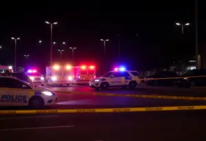 Police cars and officers investigating a parking lot at night in Indianapolis