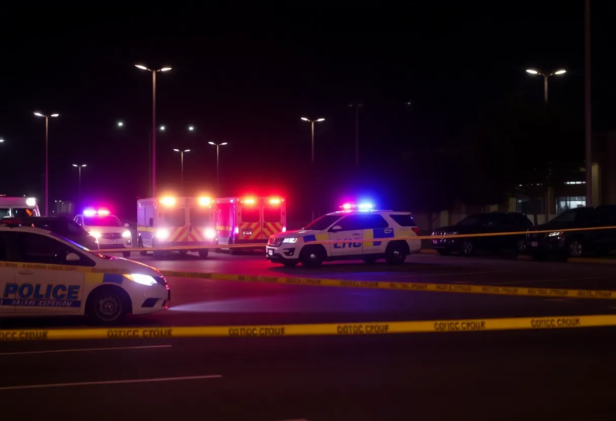 Police cars and officers investigating a parking lot at night in Indianapolis