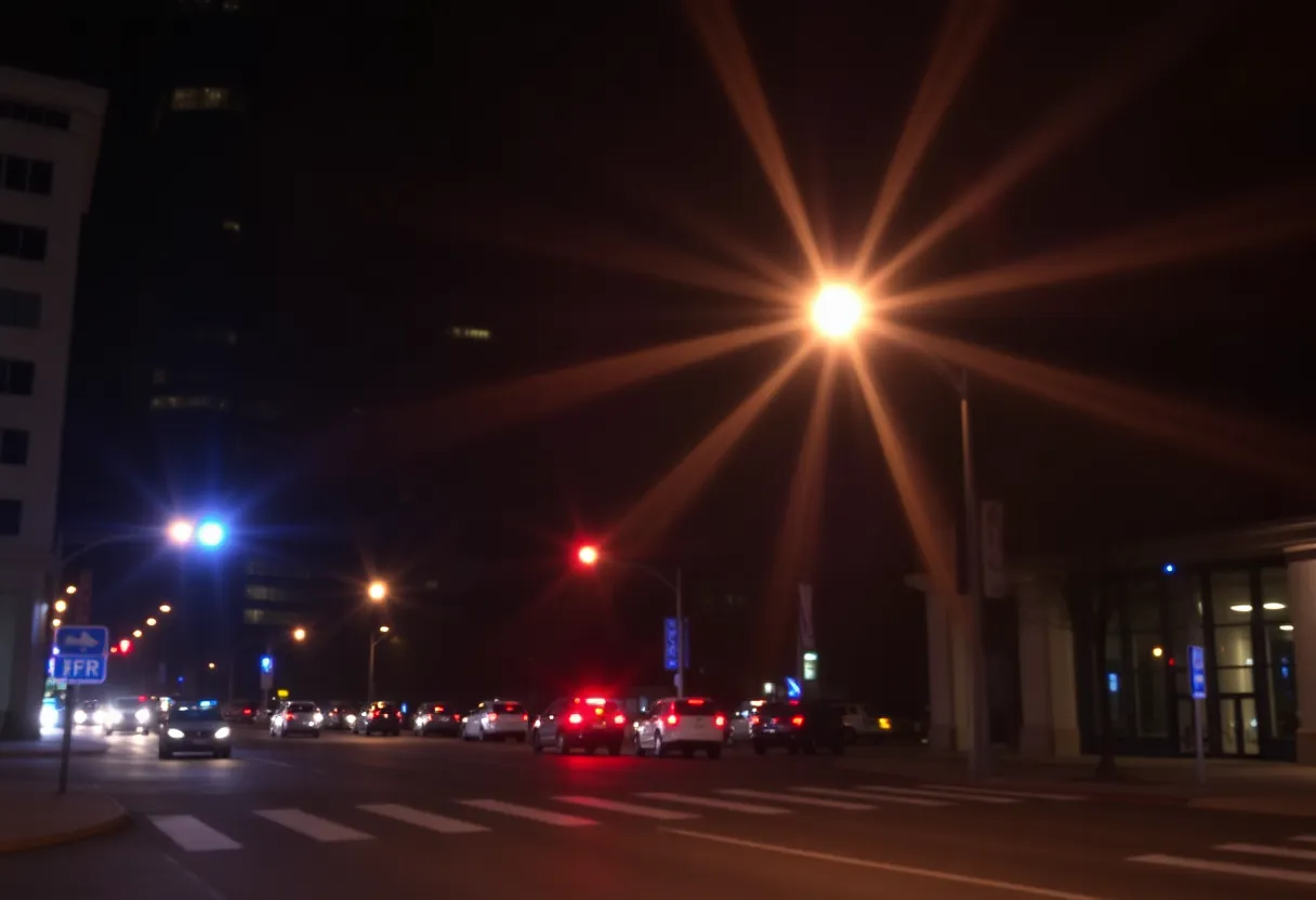 Night view of downtown Indianapolis with police emergency lights flashing