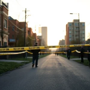 Police investigating urban trail scene with forensic team during daylight