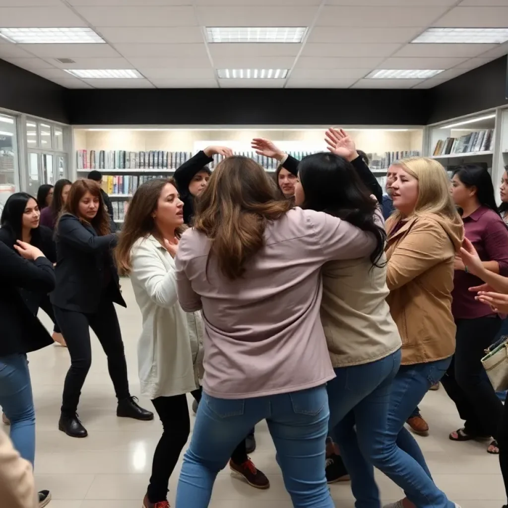 A store altercation with women fighting in the checkout aisle of a retail store