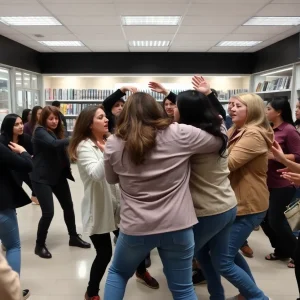 A store altercation with women fighting in the checkout aisle of a retail store