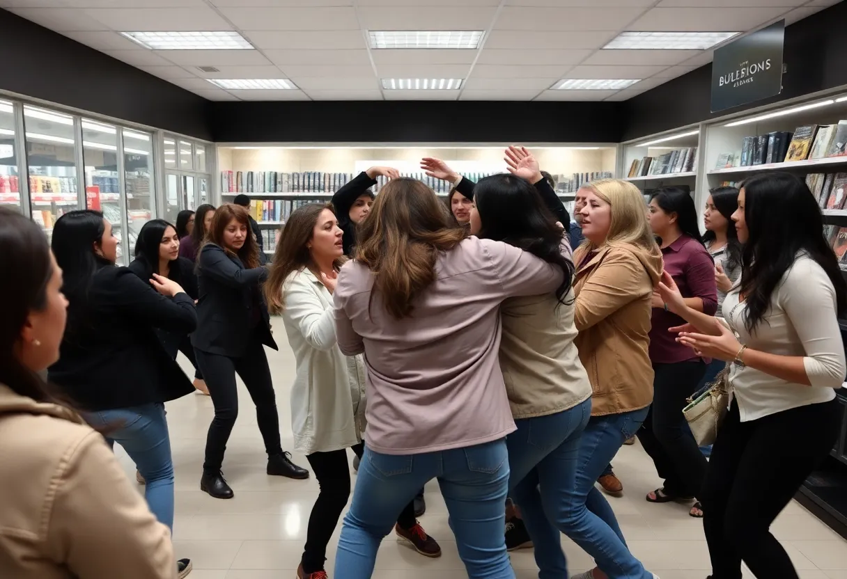 A store altercation with women fighting in the checkout aisle of a retail store