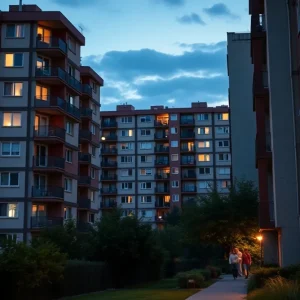 Night view of an Indianapolis apartment complex highlighting safety and community spaces