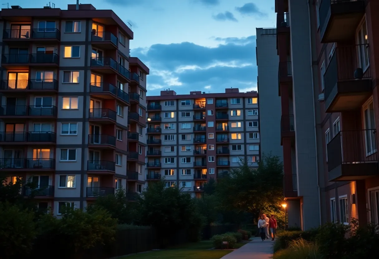 Night view of an Indianapolis apartment complex highlighting safety and community spaces