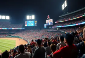 Crowd celebrating at a baseball stadium in Indianapolis after a victory