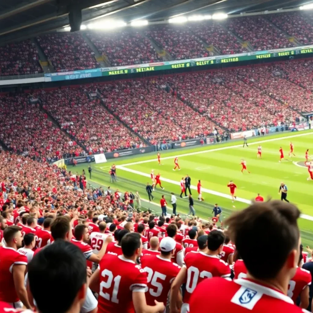 A football stadium packed with fans during a game featuring Indianapolis Colts team colors.