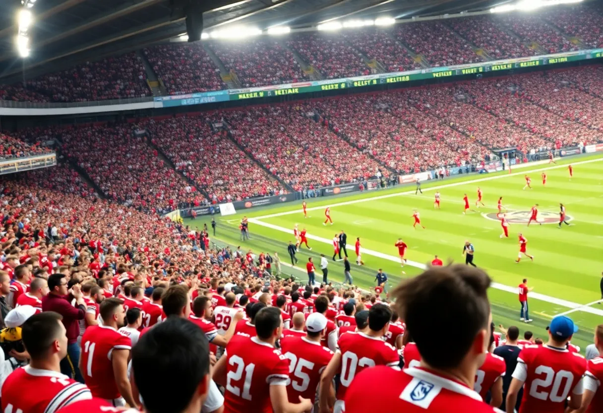 A football stadium packed with fans during a game featuring Indianapolis Colts team colors.