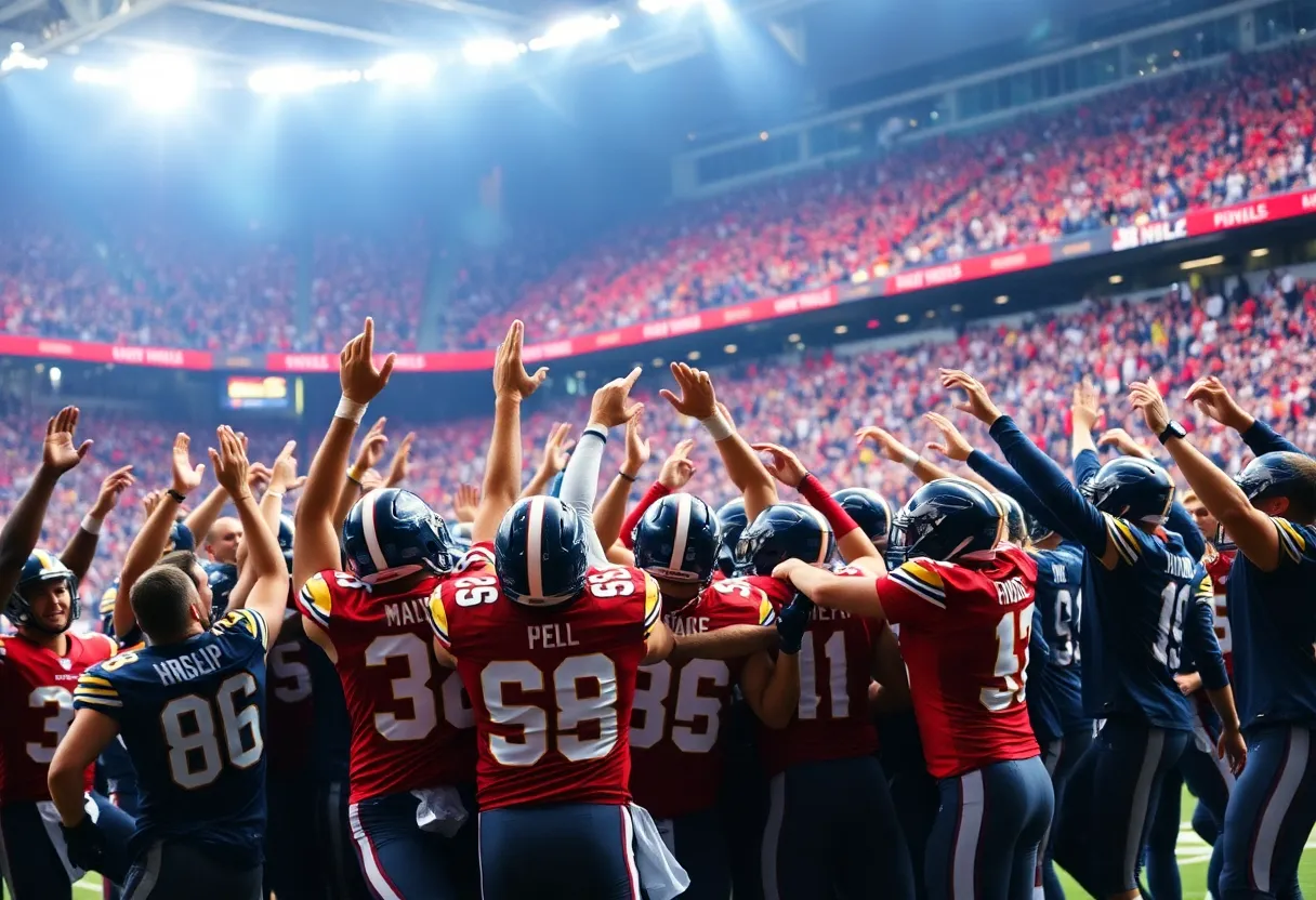 Team celebrating victory on the field with fans in the background