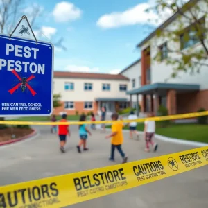 Ione Elementary School signs warning about pest control and flea infestation.