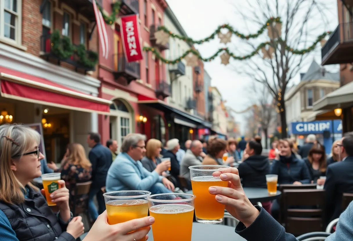 Outdoor area in Irvington showcasing cafes and bars with patrons enjoying beverages