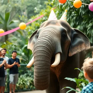 Elephant celebrating its birthday at the Indianapolis Zoo with fruits and decorations.