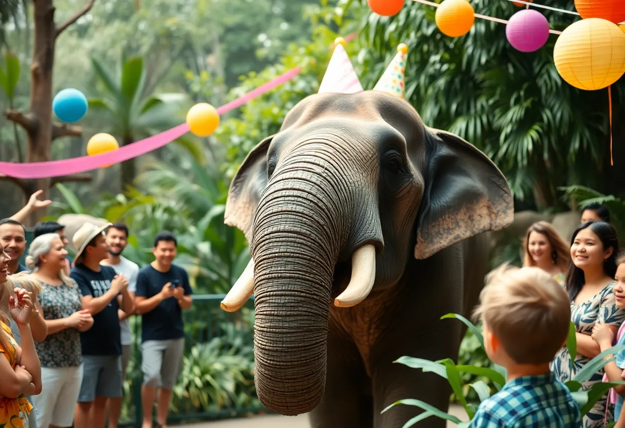 Elephant celebrating its birthday at the Indianapolis Zoo with fruits and decorations.