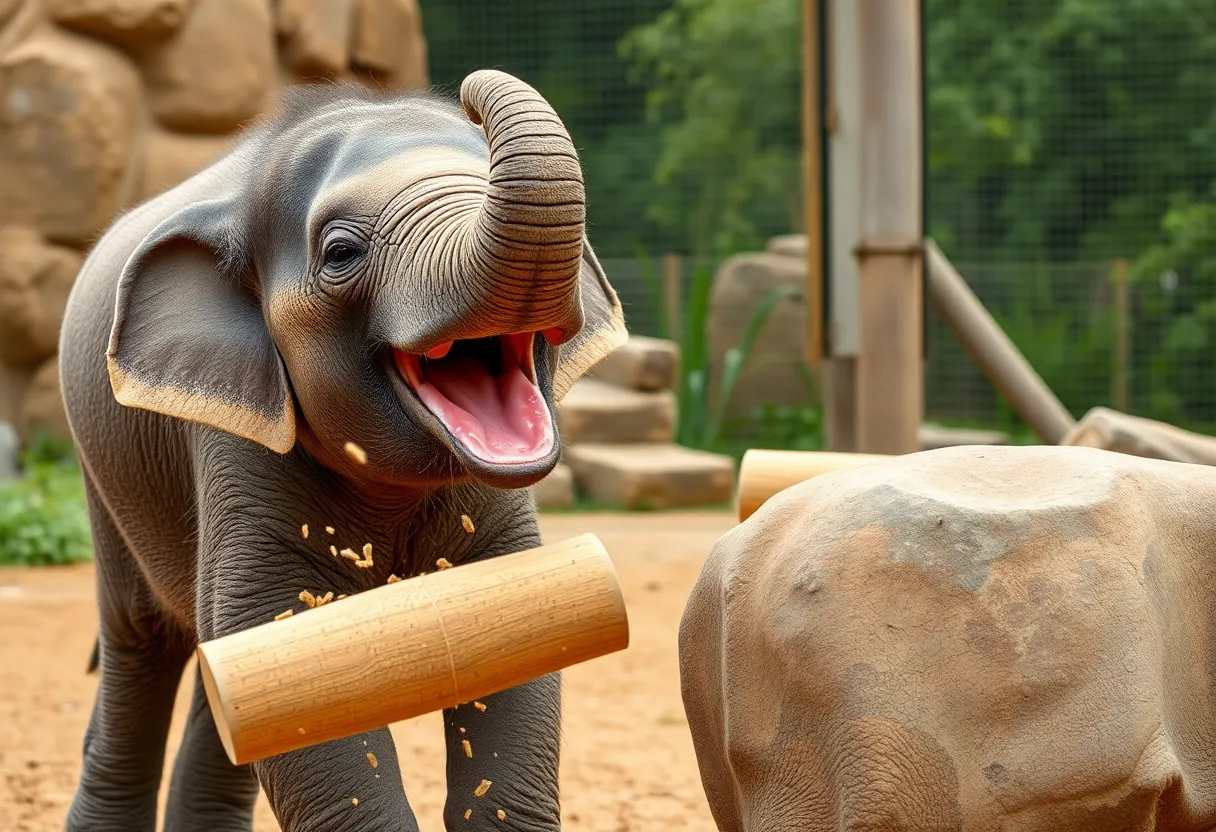 Young elephant enjoying birthday treats and enrichment activities