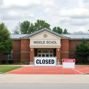Conceptual image of a middle school building with a 'Closed' sign