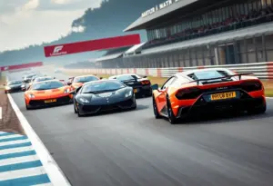 Lamborghini cars racing at Indianapolis Motor Speedway during the Super Trofeo season finale