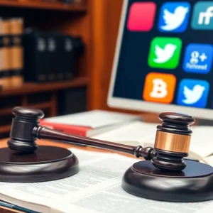 A courtroom scene depicting legal proceedings involving social media platforms.