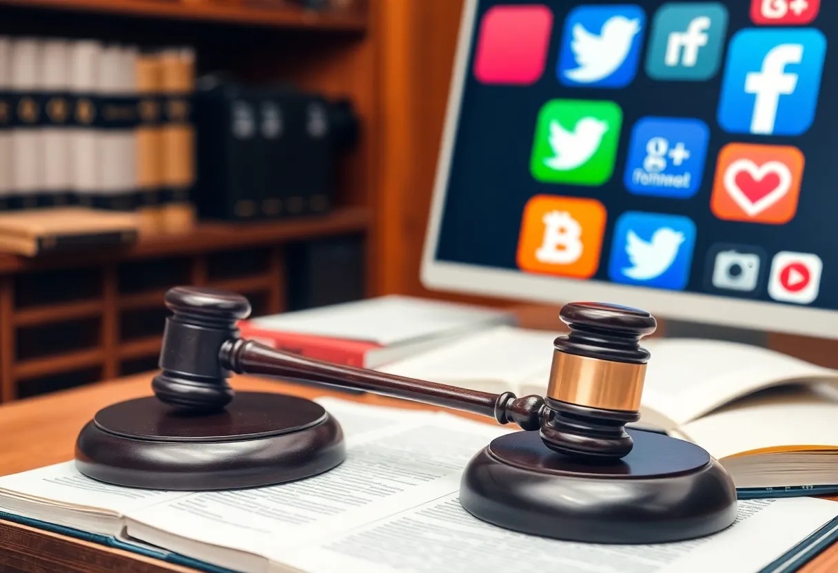 A courtroom scene depicting legal proceedings involving social media platforms.