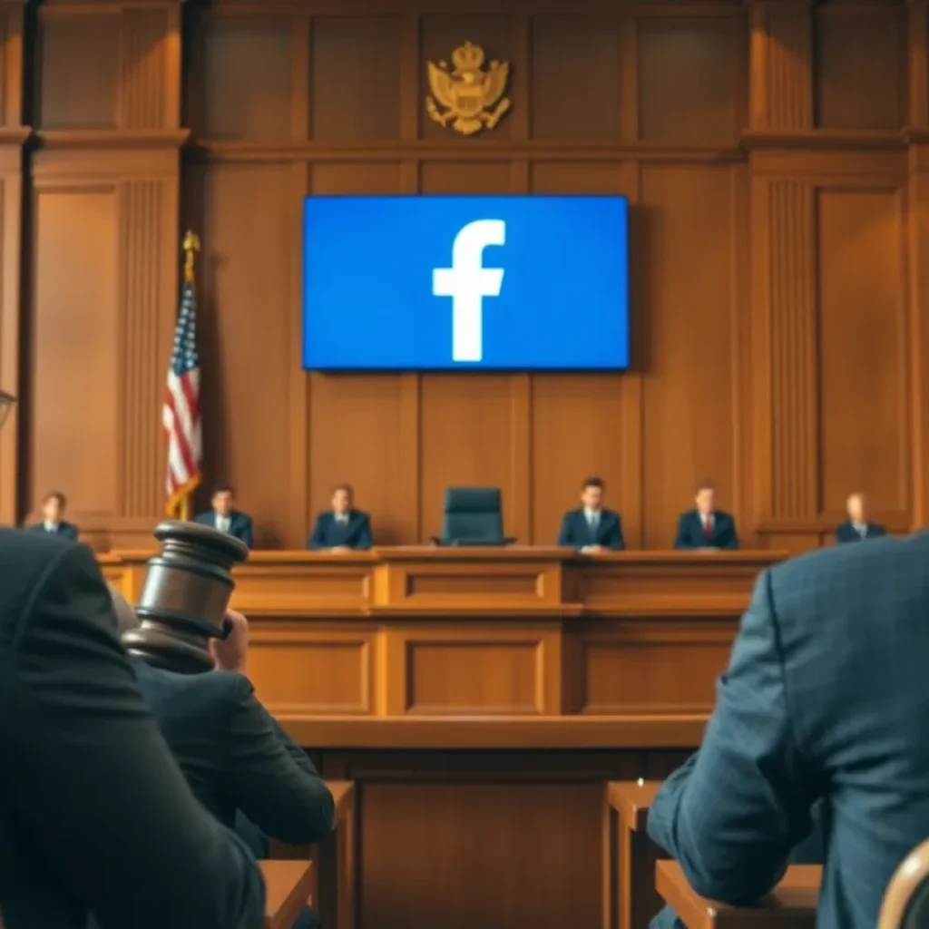 Courtroom illustration depicting a legal case over social media account suspensions.
