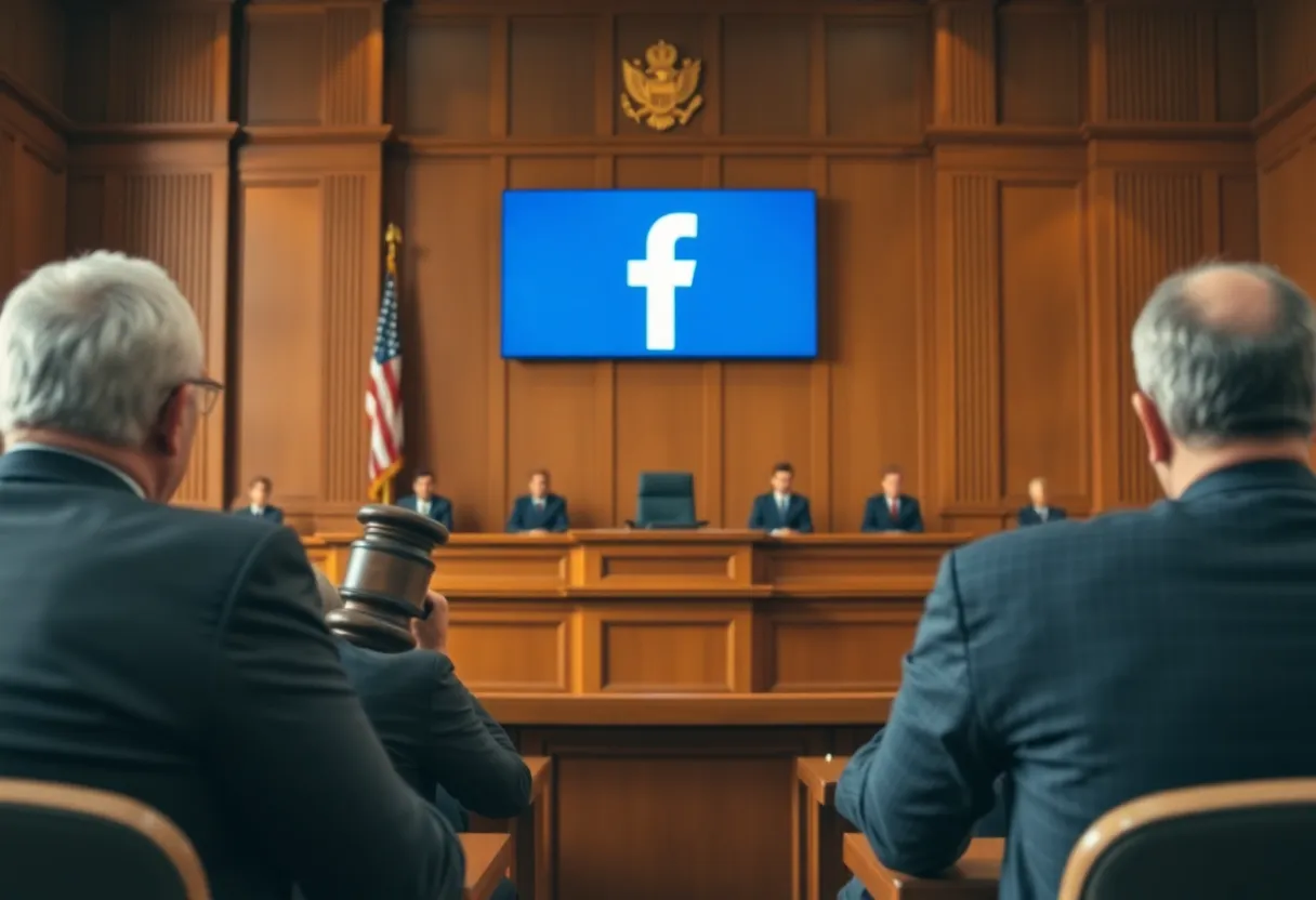 Courtroom illustration depicting a legal case over social media account suspensions.