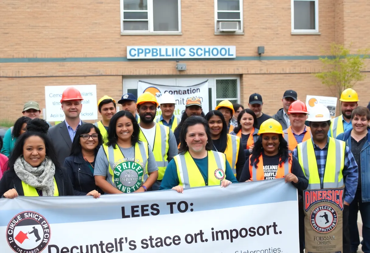 Local leaders advocating for project labor agreements at a public school event.