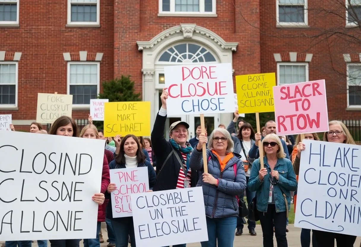 Parents protesting outside Lomond View Elementary against closure