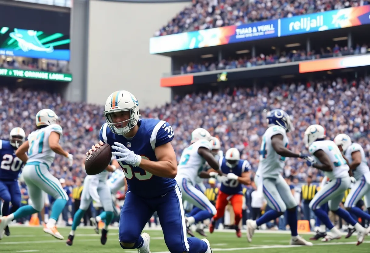 Miami Dolphins player in action against Indianapolis Colts