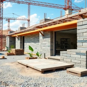 Construction materials engineered from mining tailings displayed on a construction site.