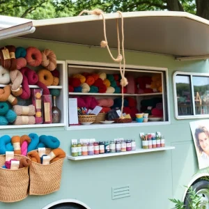 Colorful yarns on display in a mobile yarn shop