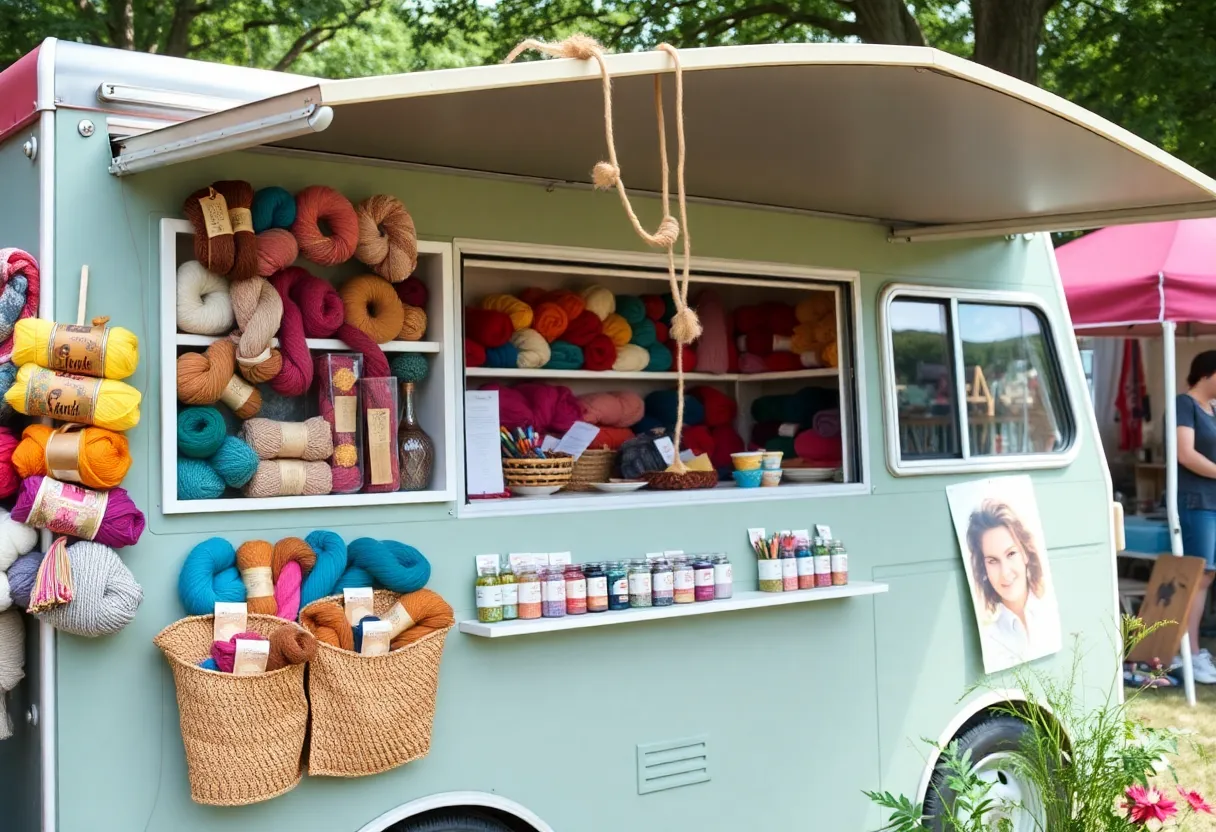 Colorful yarns on display in a mobile yarn shop