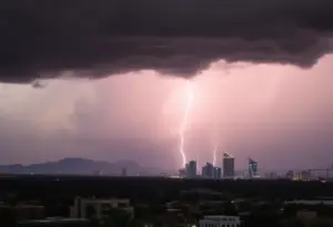 Dark clouds and lightning during monsoon thunderstorms in Phoenix
