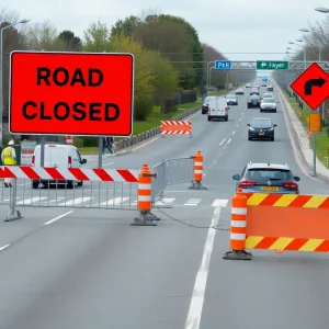 Construction work at Mooresville road intersection with barriers