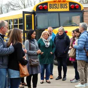 Parents discussing bus service issues at a school